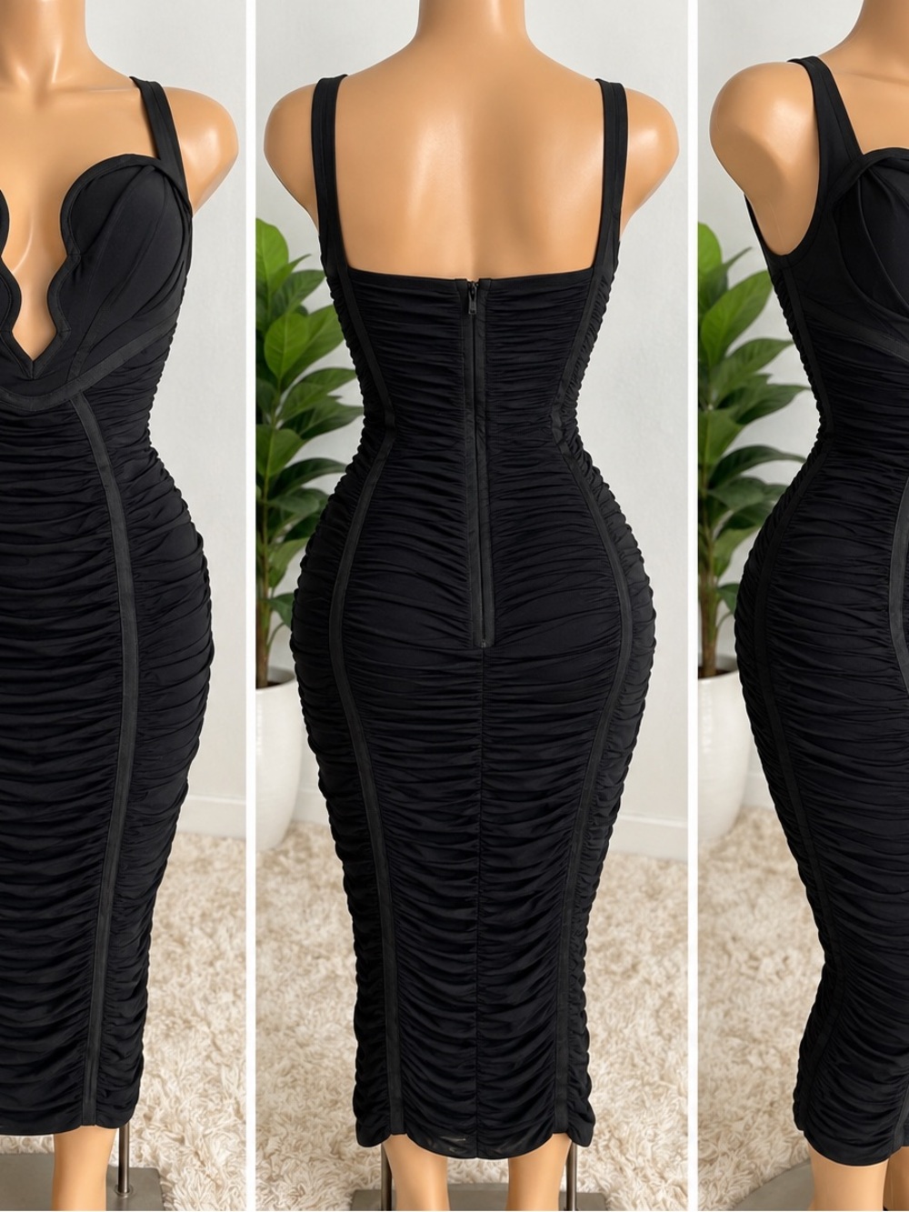 Fashion Nova Black Ruched Midi Bodycon Dress